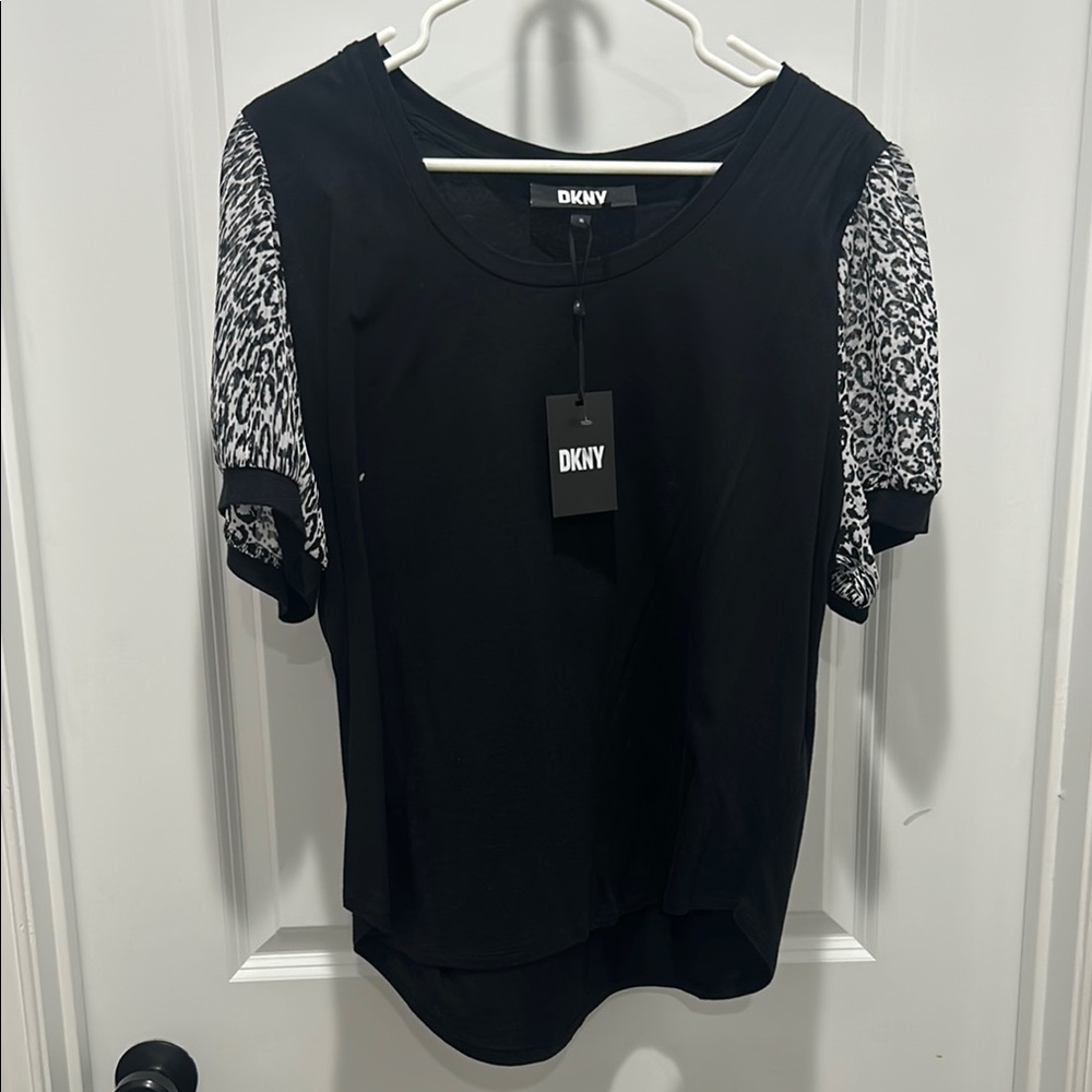 Dkny Black Short Sleeve Blouse with Sheer Animal Print